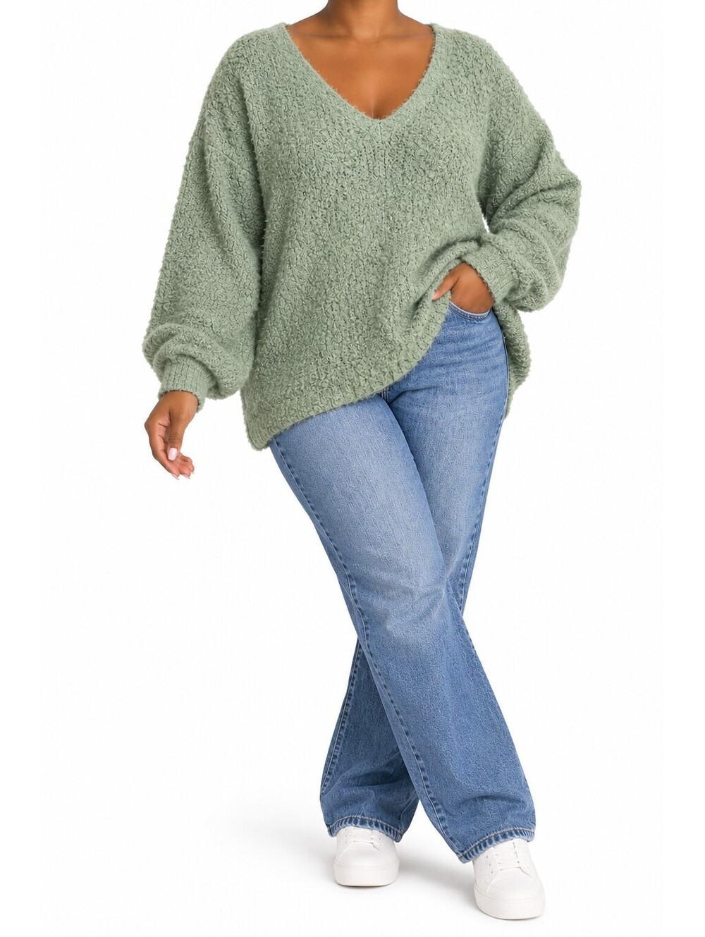 Falls Creek 3X Sage Green Fuzzy V Neck Sweater Plus Size Cozy Knit Pullover